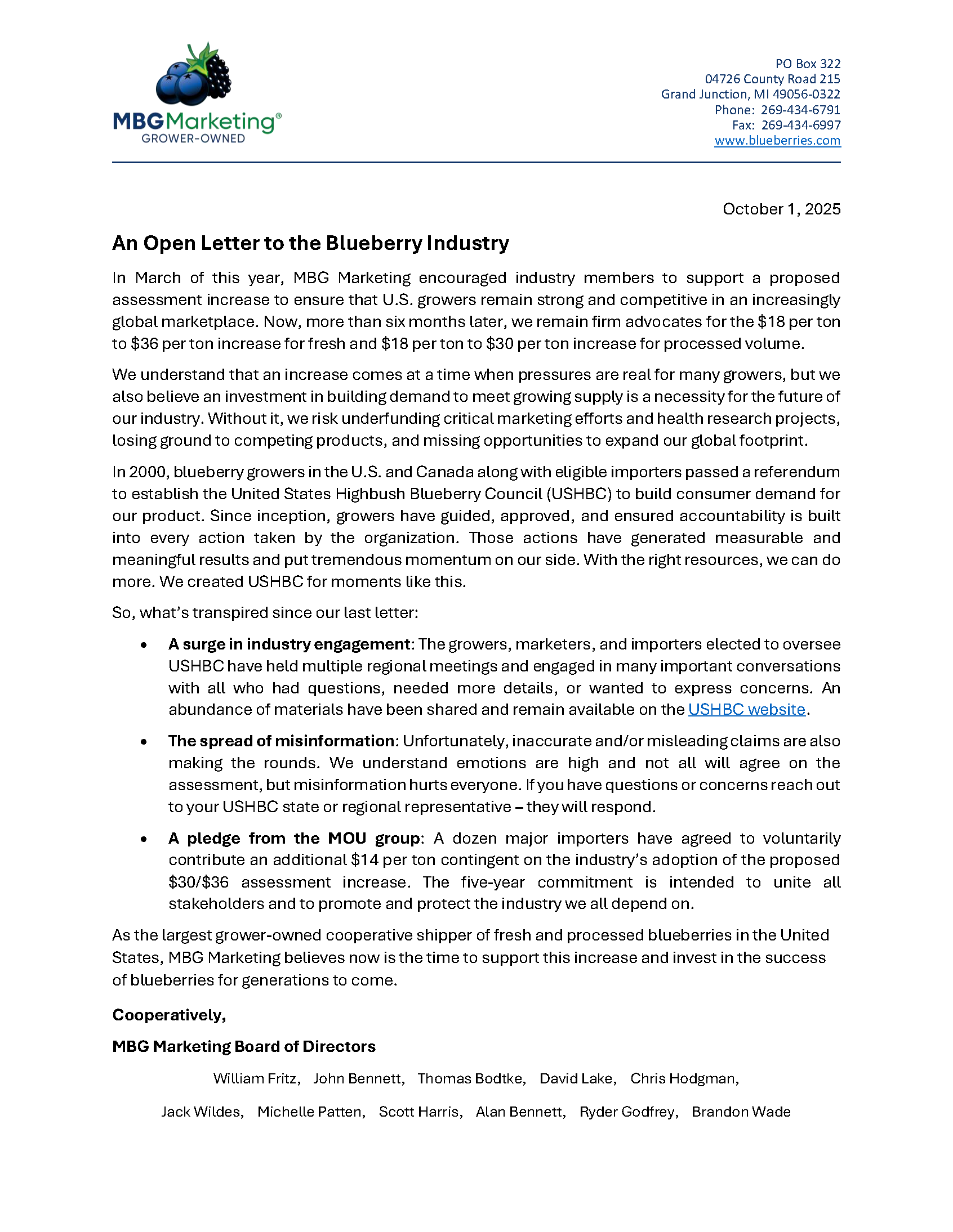 Letter from the MBG Board of Directors to the Blueberry Industry_follow-up